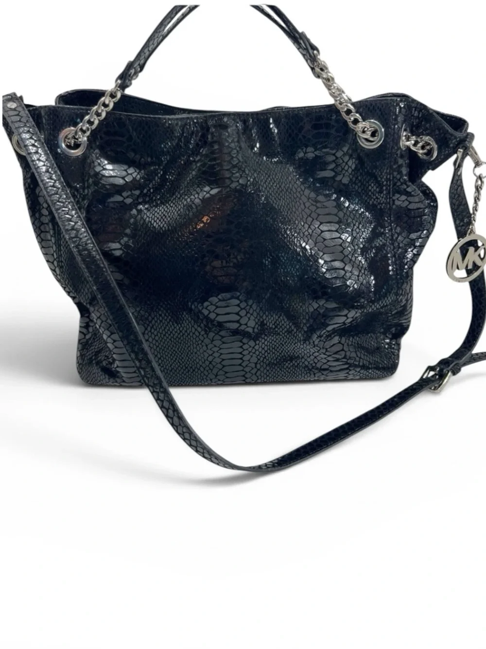 Michael Kors Black Snakeskin Lilly Chain Tote Shoulder Bag